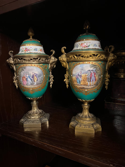 Antique Pair Of French Sèvres Porcelain Ormolu Mounted Urns Vases Centerpieces